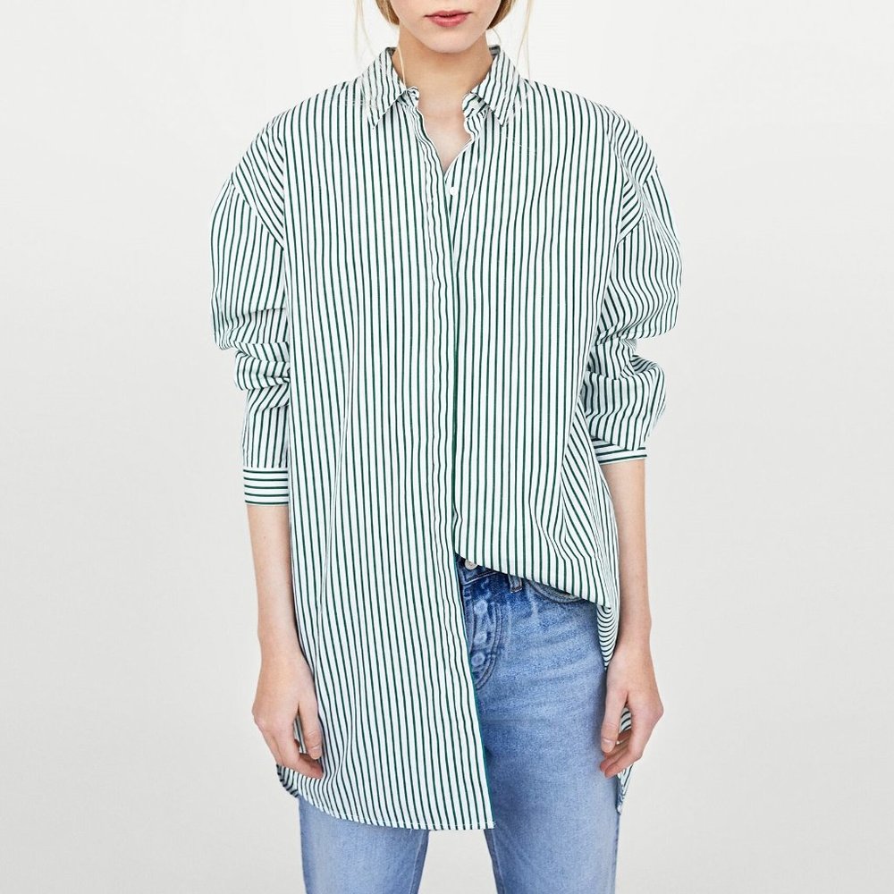 Zara Trafaluc Oversized Green Striped Button Shirt